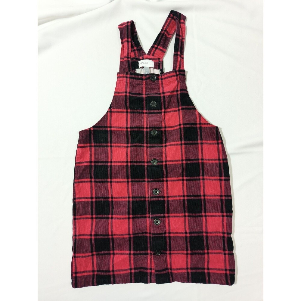 The Childrens Place Girls Overall Dress Size 12 Red Black Buffalo Plaid Corduroy
